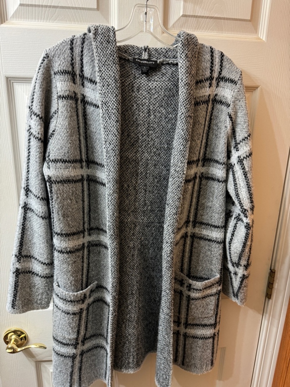 Fortune Ivy Gray Windowpane Hooded Open-Front Cardigan